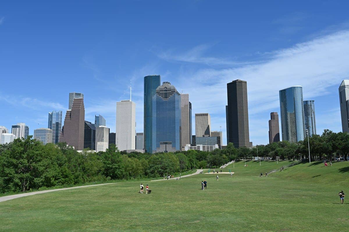 The Houston skyline rising above a green park