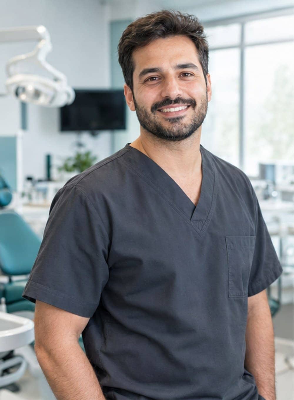 A smiling dentist in scrubs