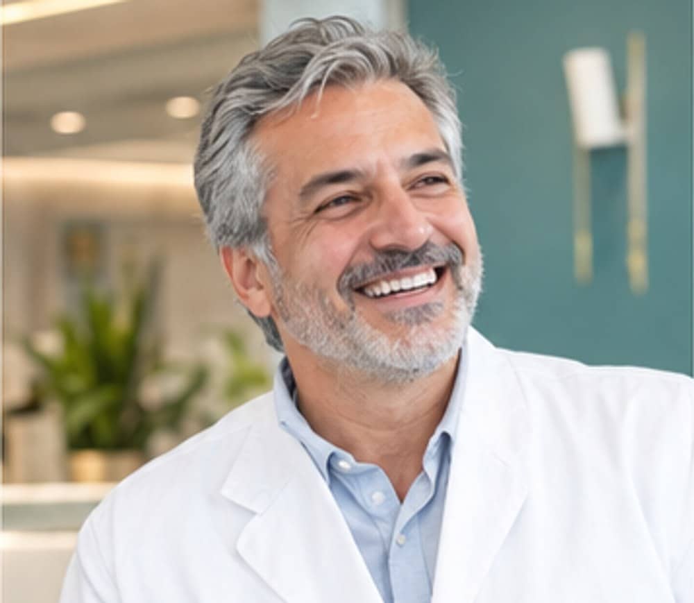 A smiling dentist in a white coat